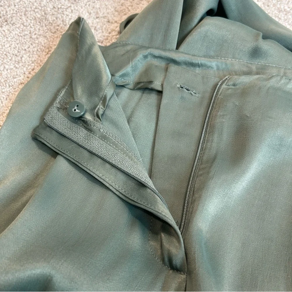 ZARA khaki green full length high waisted pleated wide leg satin effect pants M - Picture 6 of 13